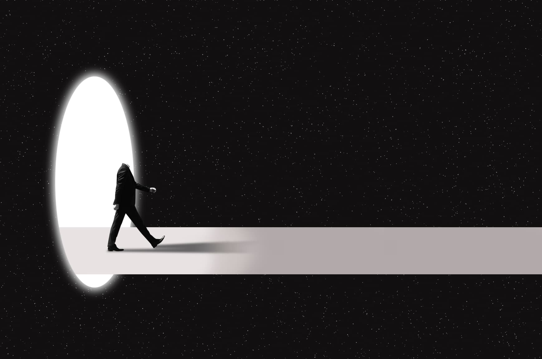 A figure stepping into a portal of light